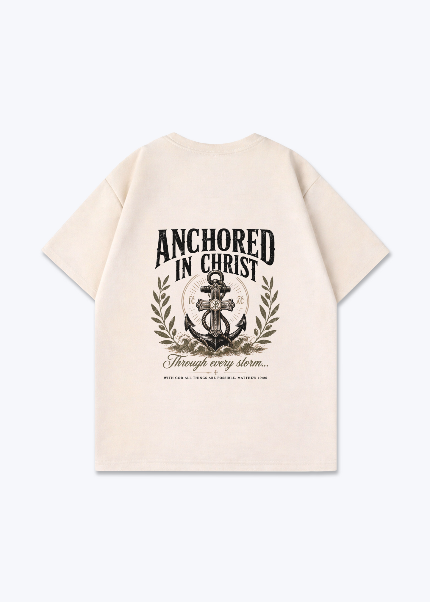Anchored in Christ Oversized Shirt - Beige Back (Designed)