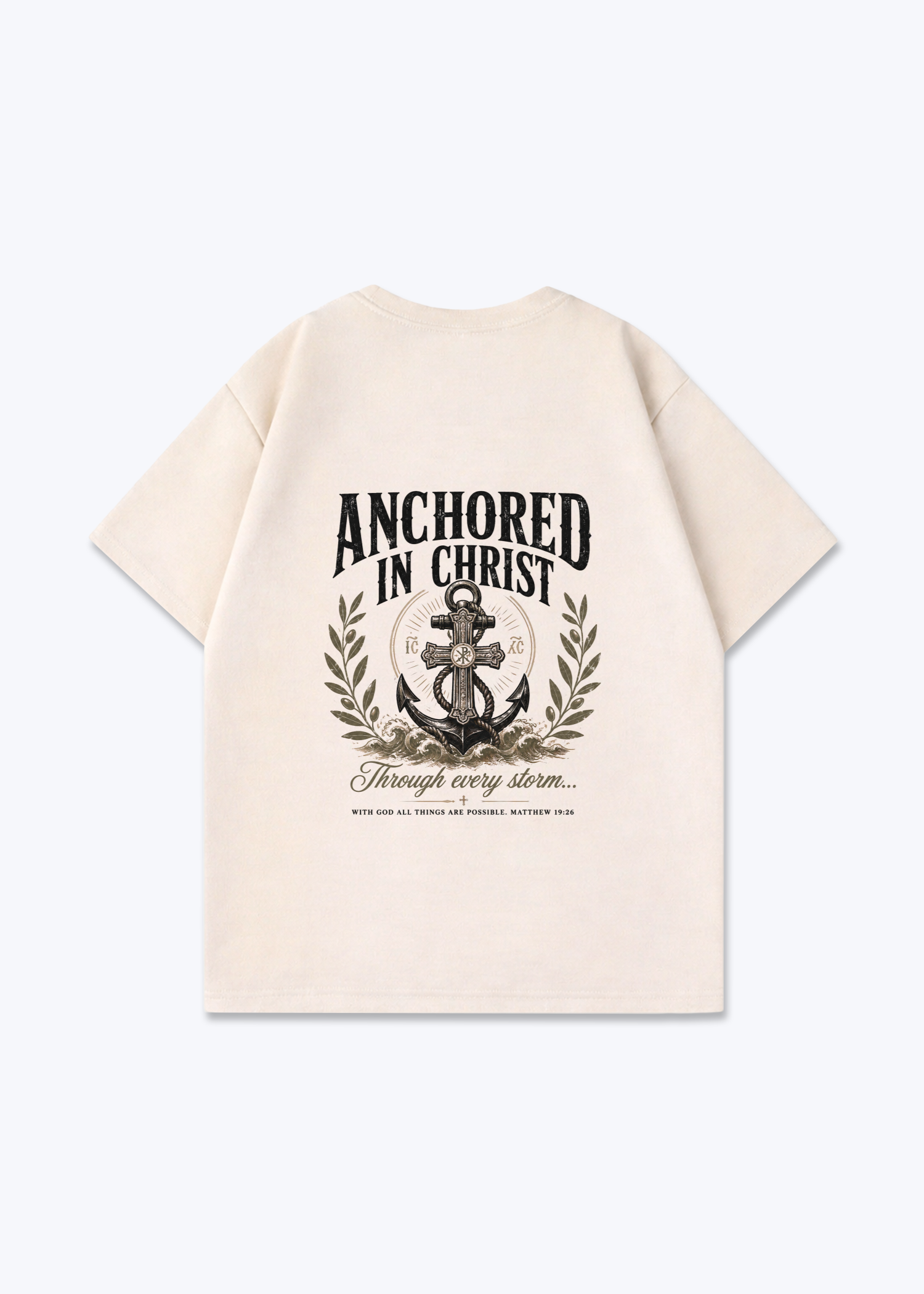 Anchored in Christ Oversized Shirt - Beige Back (Designed)
