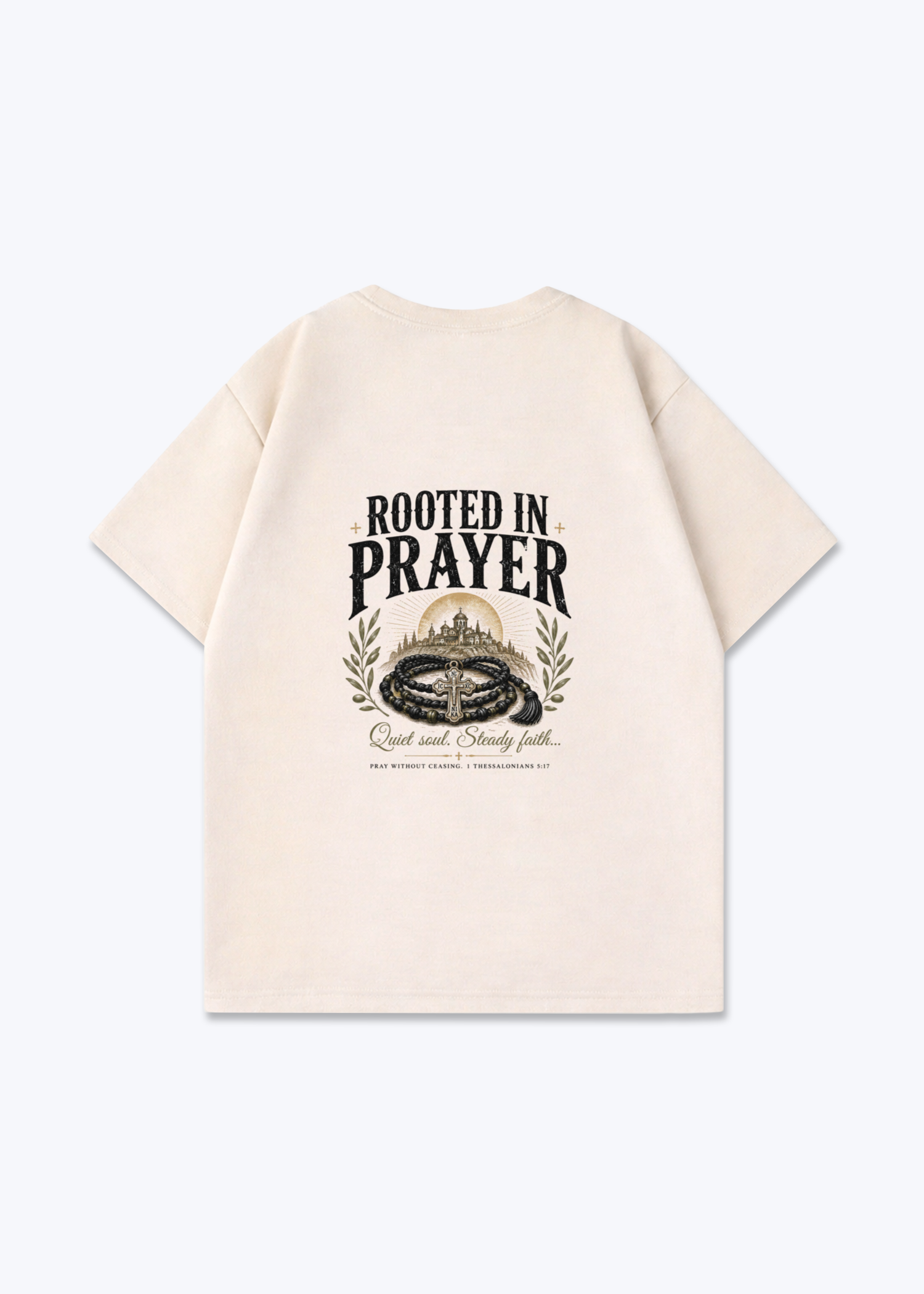 Rooted in Prayer Oversized Shirt - Beige Back (Designed)