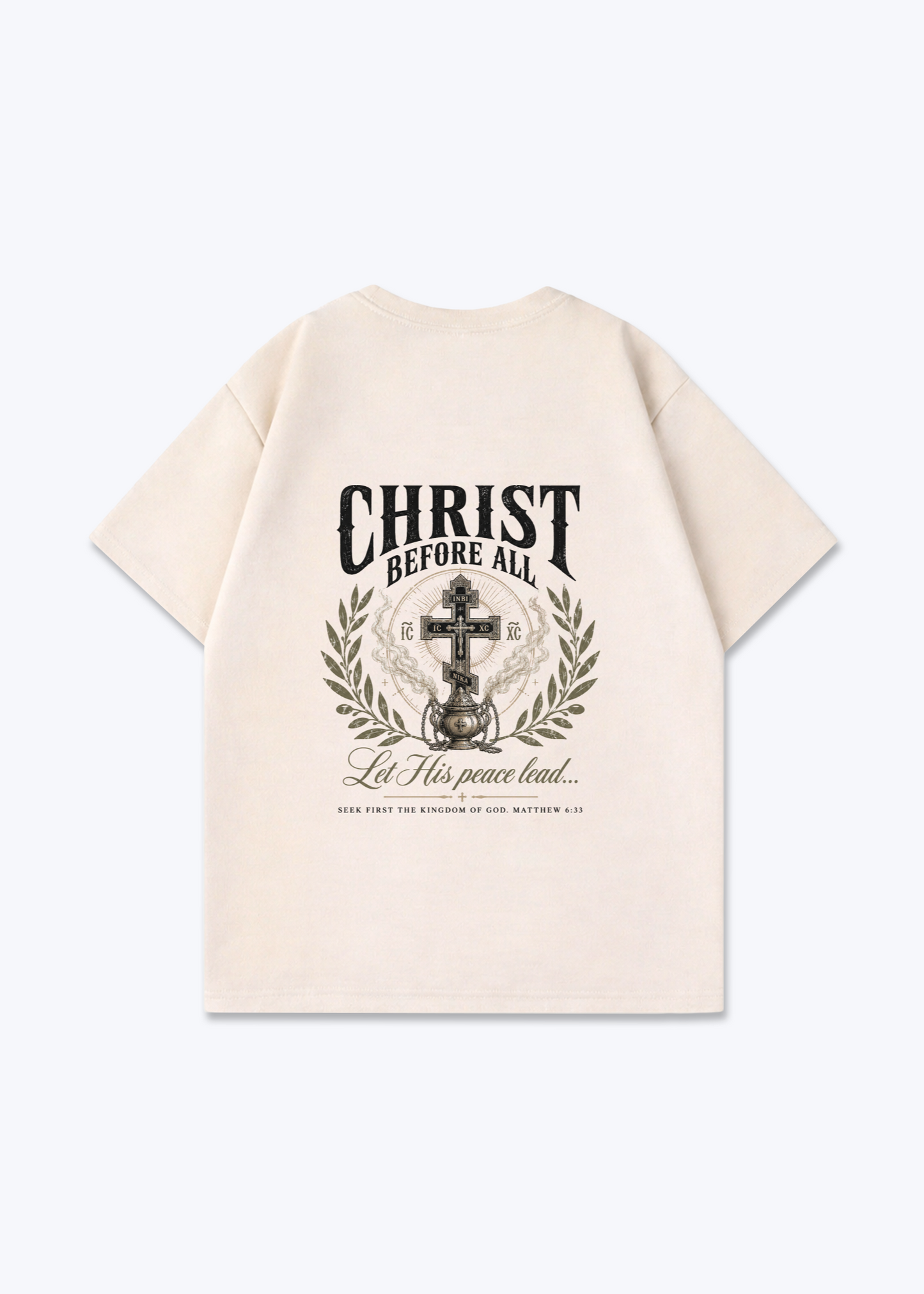 Christ before All Oversized Shirt - Beige Back (Designed)